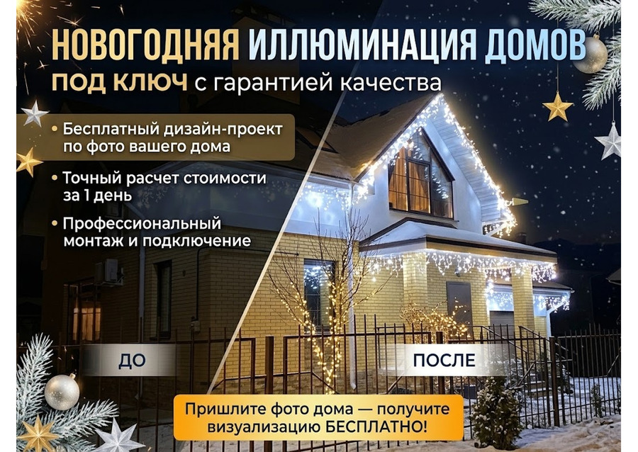 Новогодняя иллюминация домов под ключ | Визуализация по фото бесплатно